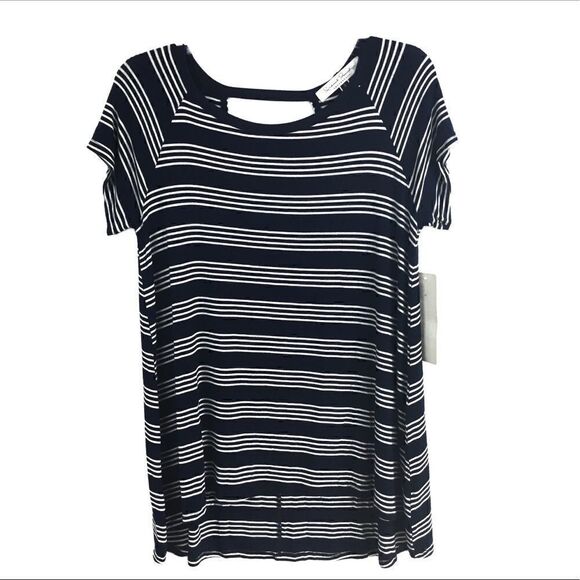 French Laundry Top Blue White Stripe Keyhole Back Short Sleeve Small - Picture 8 of 8